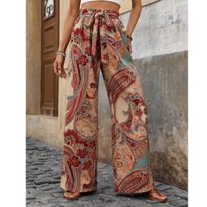 Boho Paisley Print Stretchy Waist Wide leg Front Tie Pants